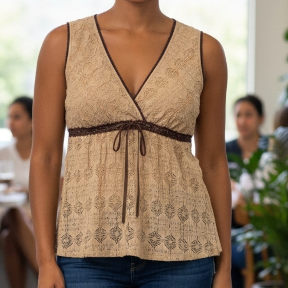 Seventeen Fashion 1X Sleeveless Lace Blouse Tan/Brown With Ribbon Y2K